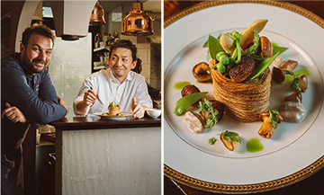 Vue du restaurant Panurge à Paris avec le chef Jason Gouzy en cuisine et une salle élégante, alliant gastronomie française et modernité.