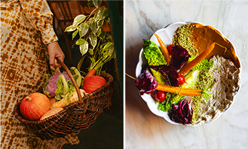 Burger végétarien au fromage, panier de légumes de saison et bol de houmous coloré, trio d’images illustrant la cuisine végétale à Paris.