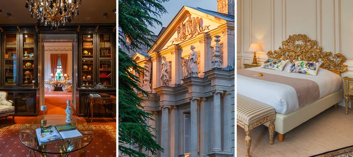 Bibliothèque raffinée avec lustre en cristal et mobilier d’époque,  façade du Château de Rochecotte en pierre claire baignée de lumière dorée en Touraine et chambre élégante avec tête de lit dorée sculptée et ambiance baroque au Château de Rochecotte