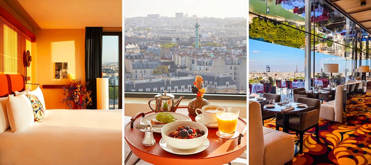 Chambre moderne et lumineuse avec vue panoramique sur Paris,  petit déjeuner servi en chambre avec vue sur les toits de Paris et restaurant panoramique vitré avec vue sur la Tour Eiffel depuis le rooftop du SO/ Paris
