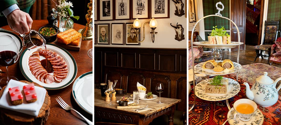 Assiette gastronomique et décor élégant au restaurant de l'hôtel The Fife Arms.