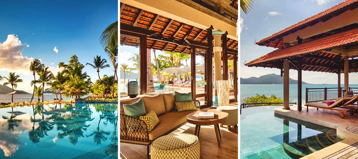 Resort Club Med Seychelles avec piscine à débordement, villas face à l’océan et ambiance tropicale.