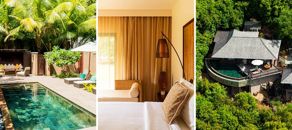 Hôtel Constance Ephelia Seychelles avec villa nichée dans la jungle, piscine privée et chambre design moderne.