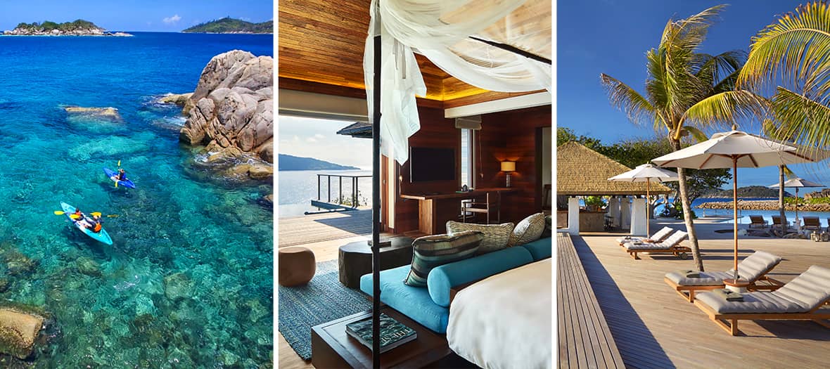 Villa Six Senses Seychelles avec vue panoramique sur l’océan Indien, terrasse en bois et cadre naturel d’exception.