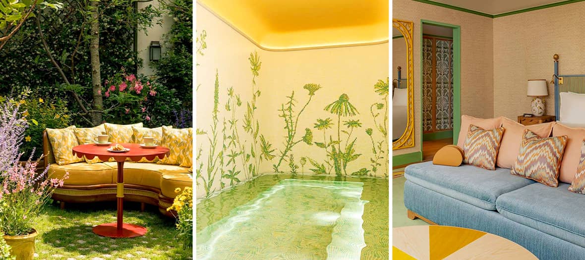 Terrasse-jardin fleurie de l’hôtel Fantaisie à Paris avec espace détente, spa végétal et décoration colorée.