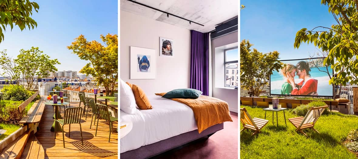 Rooftop de l’hôtel Paradiso à Paris avec cinéma en plein air, chambre moderne et vue sur la ville.