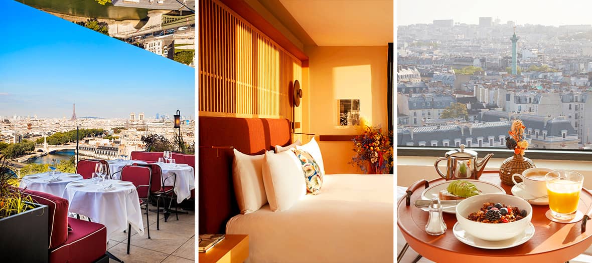 Rooftop de l’hôtel SO/ Paris avec vue panoramique sur la Seine et la Bastille, chambre design et petit déjeuner.