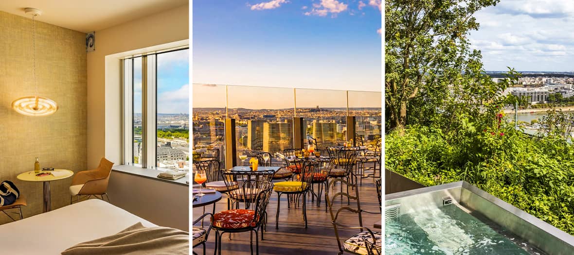 Chambre avec vue à 360°, rooftop avec jacuzzi et restaurant panoramique au Too Hotel à Paris.