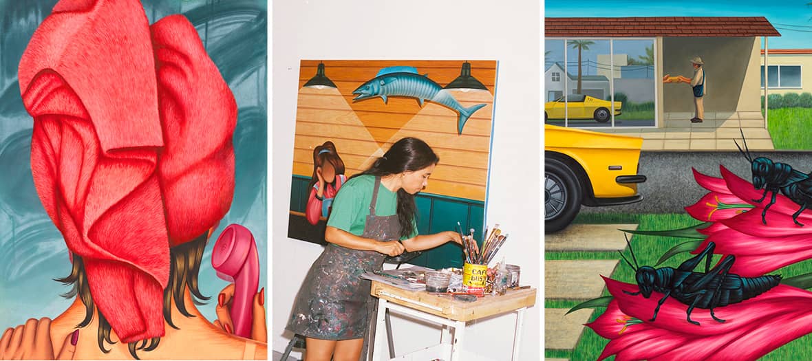 Artiste contemporaine en train de peindre dans son atelier avec des œuvres colorées exposées à la galerie Gagosian à Paris.