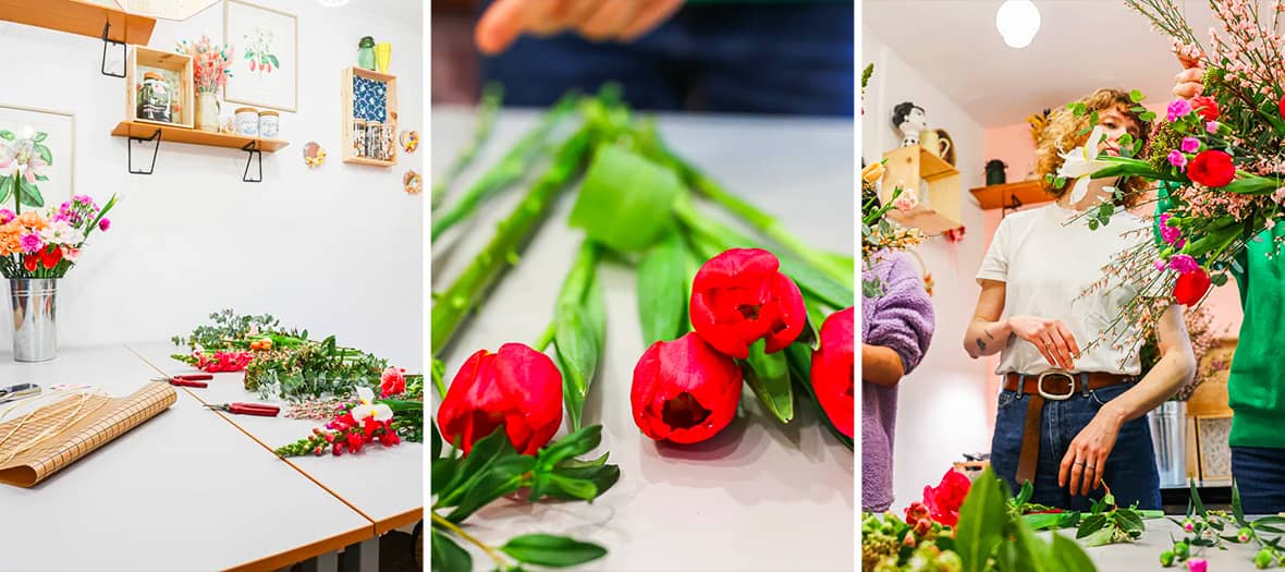 Atelier de création de bouquets de fleurs fraîches dans un espace chaleureux à Paris