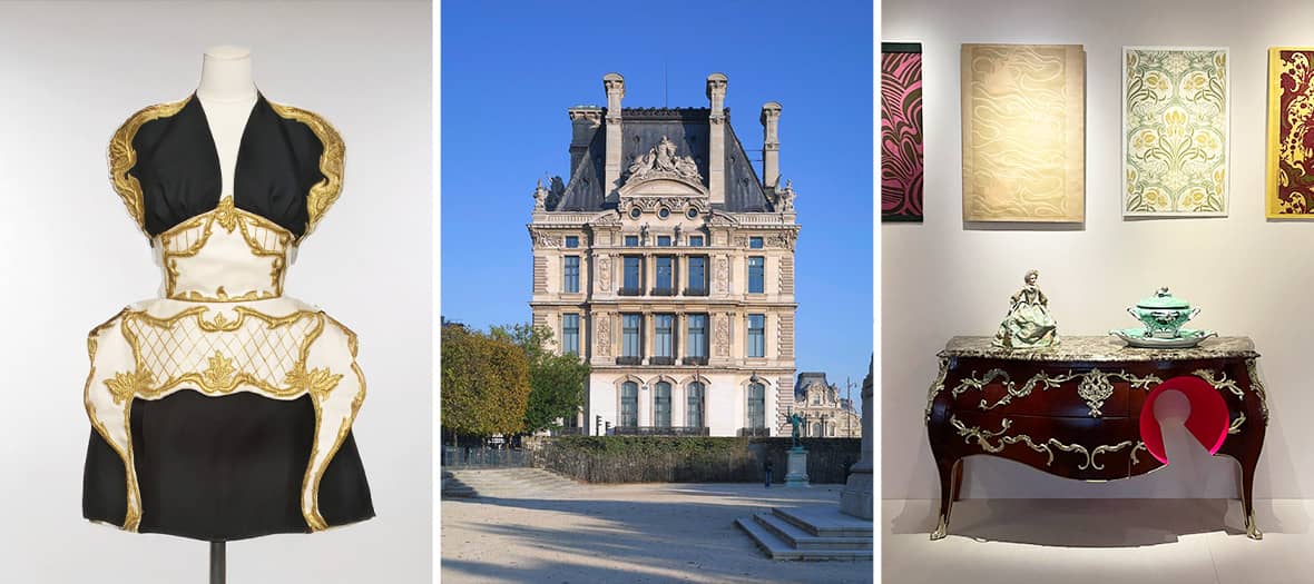 Robe de haute couture, bâtiment du musée des Arts Décoratifs et mobilier artistique exposés à Paris.