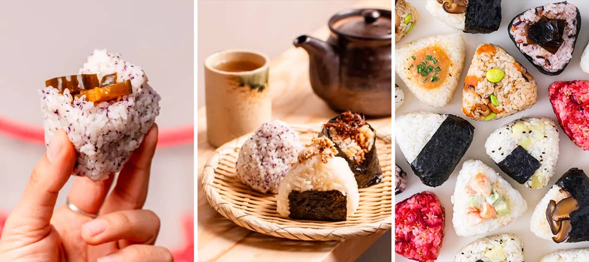 Onigris colorés faits maison dans une boutique dédiée aux boulettes de riz japonaises à Paris.