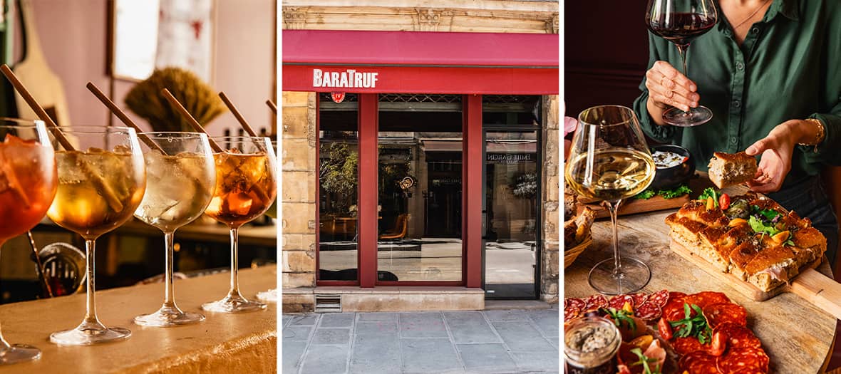 Devanture et spécialités à base de truffe du restaurant BaraTruf à Paris avec cocktails.