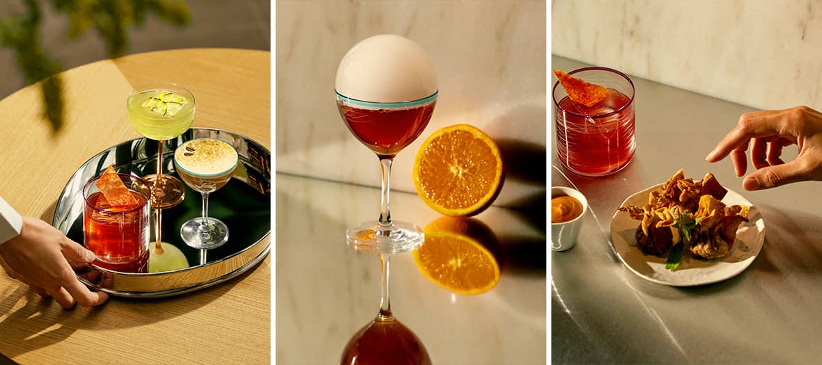 Cocktails créatifs servis dans un espace chic imaginé par Sarah Lavoine, à savourer à Paris.