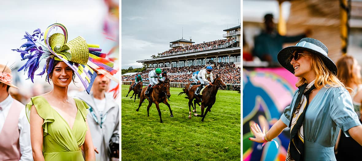 Ambiance chic et festive au Prix de Diane à l’hippodrome de Chantilly, entre chapeaux extravagants et courses de chevaux.