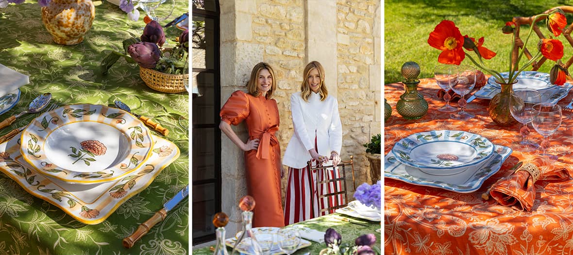 Tables d’été colorées et dressées en extérieur avec vaisselle artistique et créatrices de la marque D’Estrëe à la campagne.