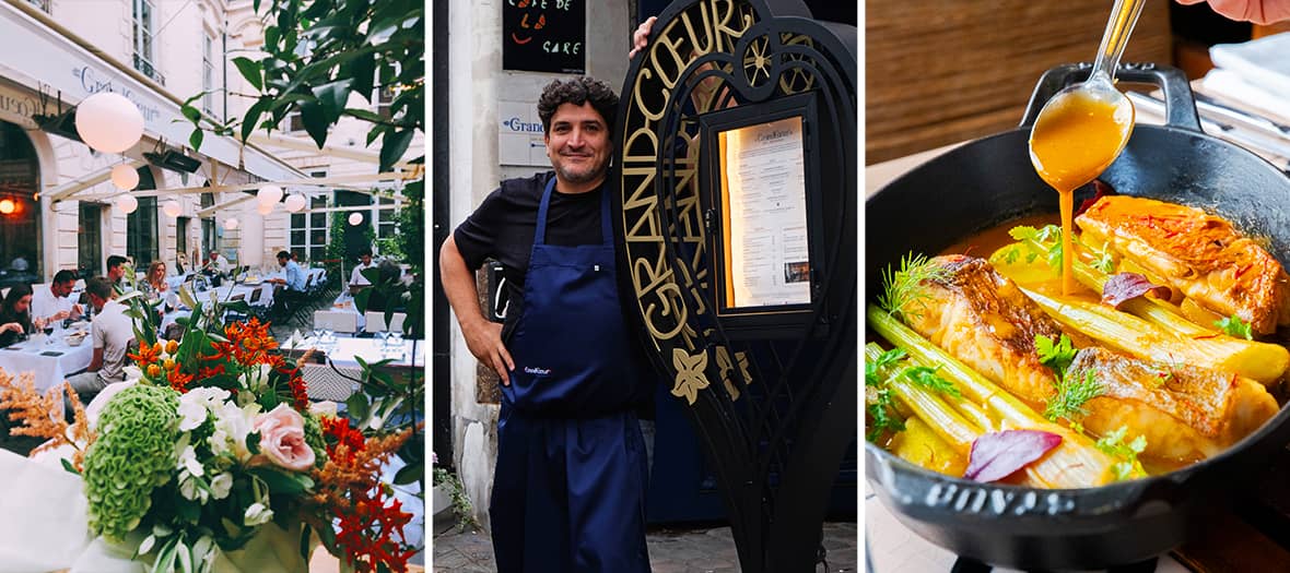 Terrasse du restaurant Grand Cœur dans le Marais à Paris, chef souriant et bouillabaisse servie dans une ambiance estivale.