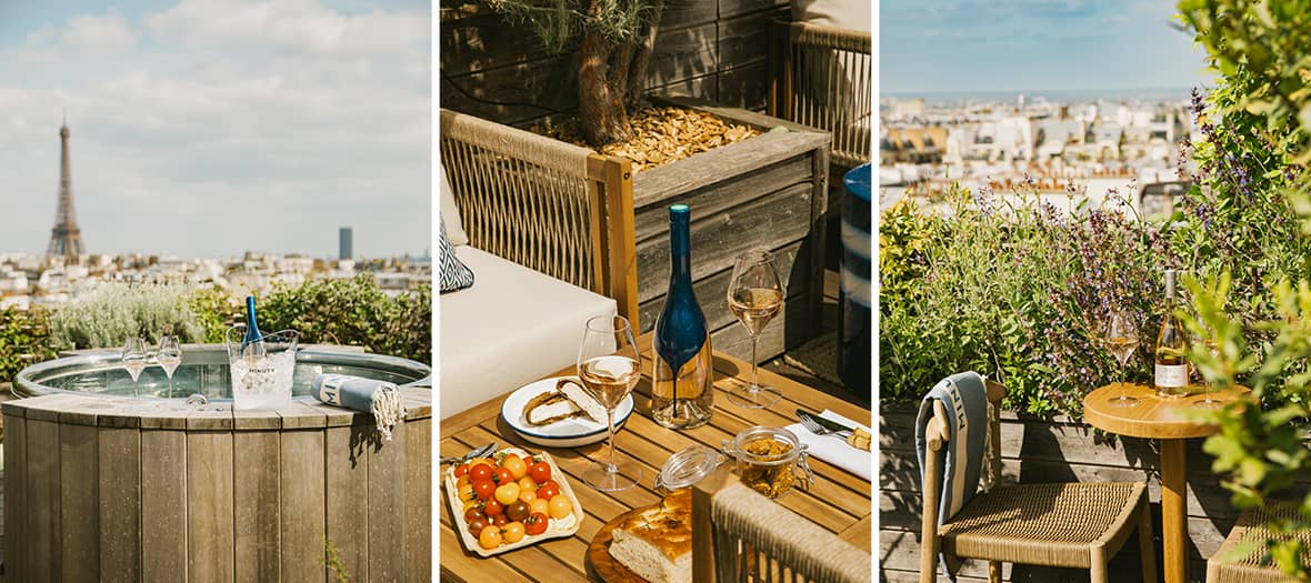 Rooftop Villa Minuty à Paris avec jacuzzi, déjeuner en terrasse et vue panoramique sur la Tour Eiffel et les toits parisiens.