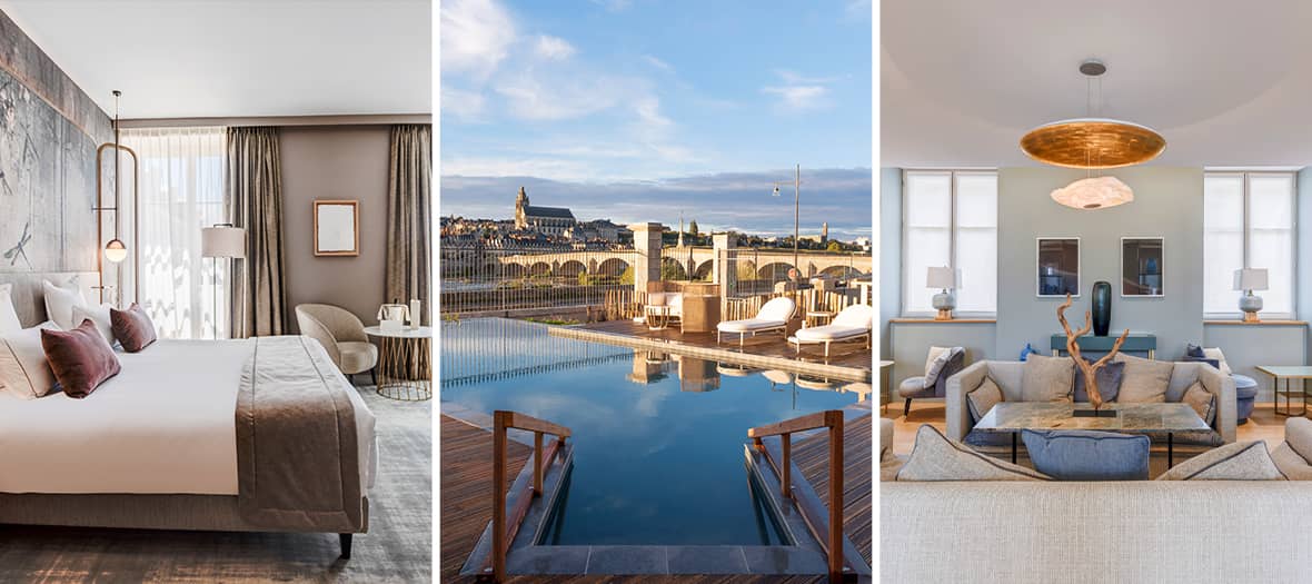 Chambre élégante, piscine rooftop avec vue sur la Loire et salon de l’hôtel Fleur de Loire à Blois.