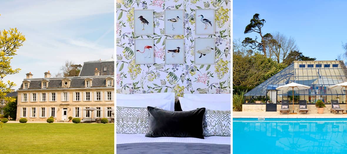 Hôtel de charme La Chenevière avec façade élégante, chambre florale et piscine près de Bayeux