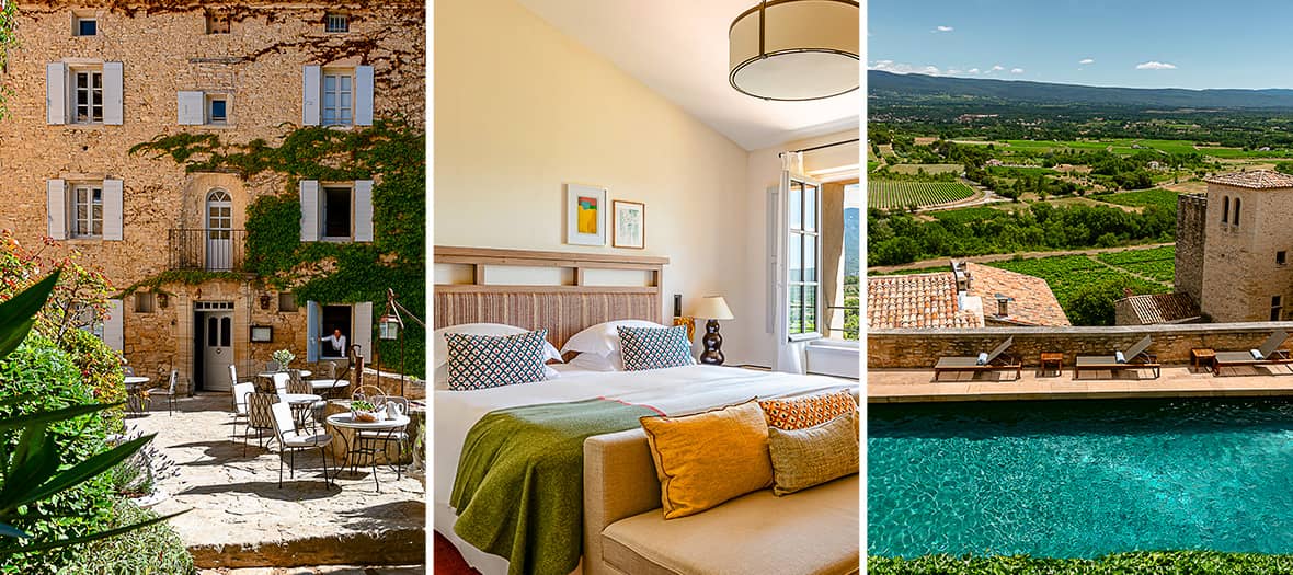 Hôtel Crillon Le Brave en Provence avec façade en pierre, chambre lumineuse et piscine face aux vignes.
