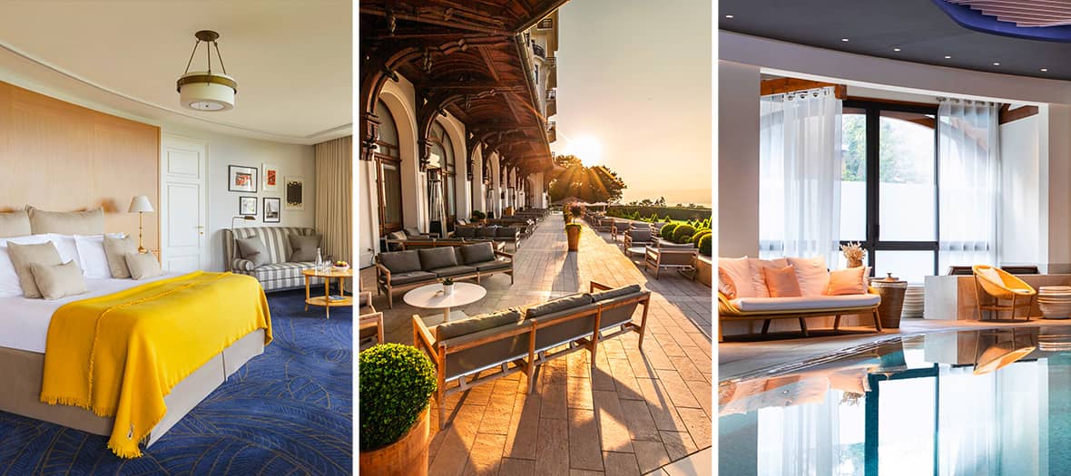 Hôtel Royal à Évian avec chambre raffinée, terrasse au coucher du soleil et spa lumineux.