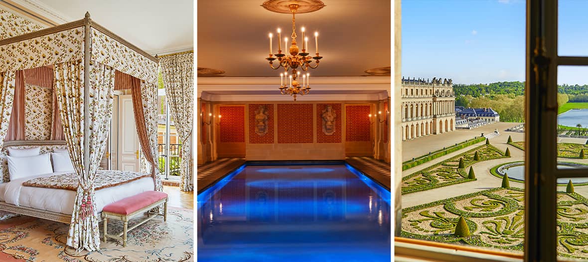 Hôtel Le Grand Contrôle avec décoration royale, piscine intérieure et vue directe sur les jardins du Château de Versailles.