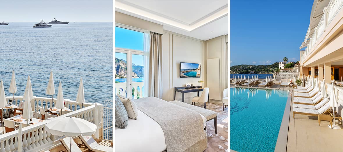 Vue sur la Méditerranée depuis l'hôtel La Réserve de Beaulieu avec piscine, terrasse et yachts au large sur la Côte d'Azur.
