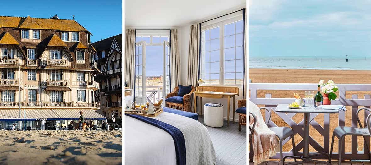 Chambre avec vue mer à l'hôtel Le Flaubert à Deauville, en bord de plage, en Normandie.