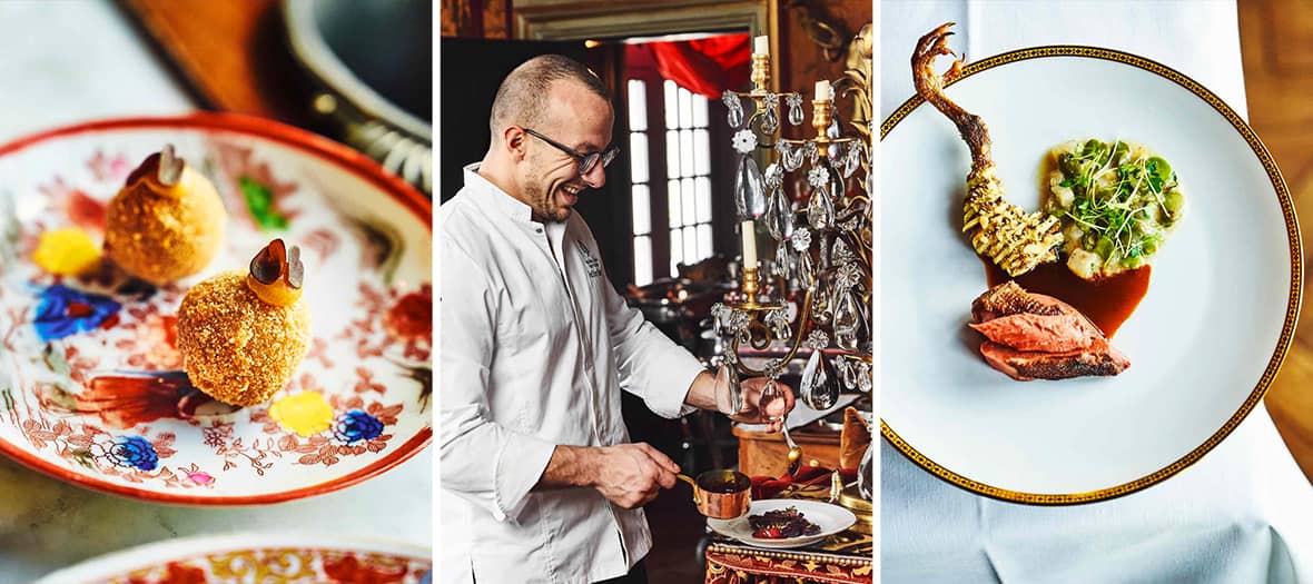 Assiette gastronomique raffinée du Château de La Vallière avec chef étoilé Jeffrey Pestana en cuisine et plats créatifs servis dans un cadre luxueux.