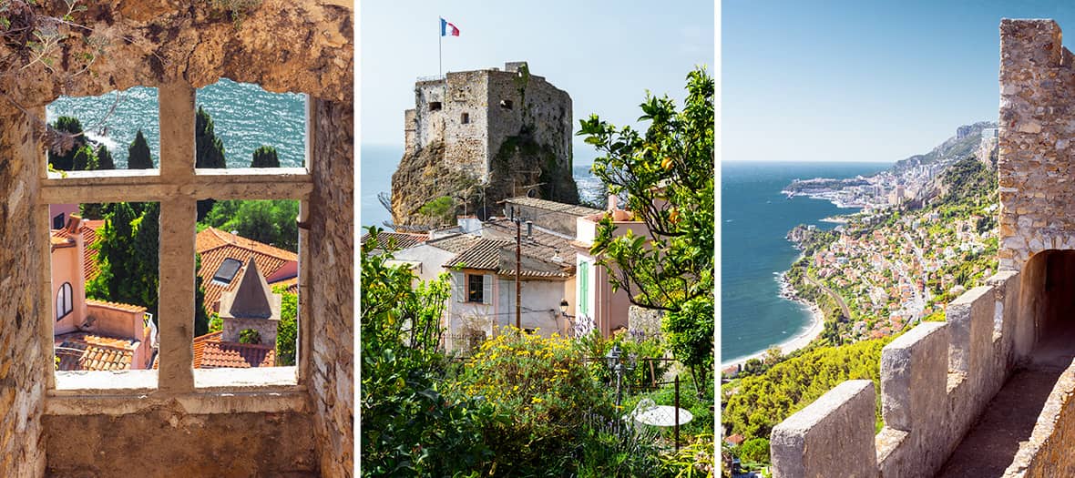 Vue panoramique sur le château médiéval de Roquebrune-Cap-Martin surplombant la Méditerranée, entouré de végétation provençale.