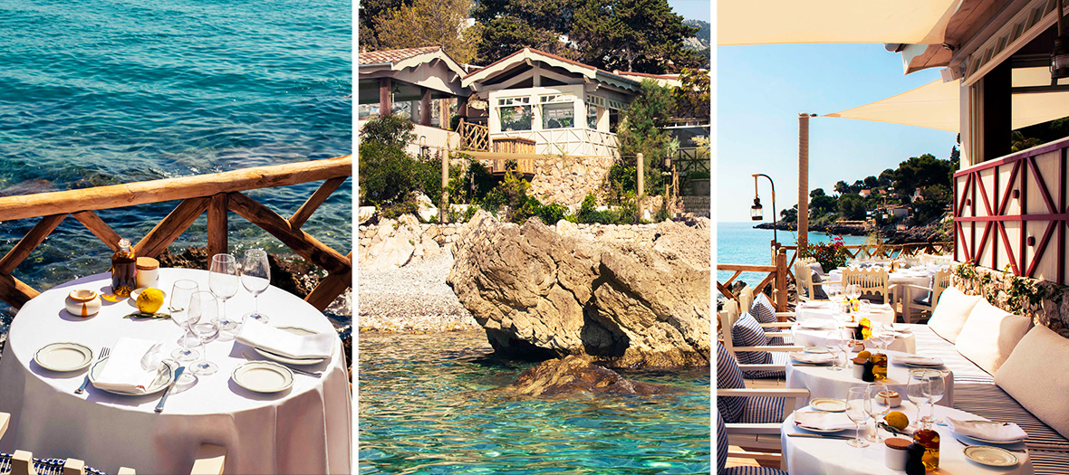 Terrasse en bord de mer du restaurant Loulou Pirate à Roquebrune-Cap-Martin avec tables élégantes et vue sur les eaux turquoise.