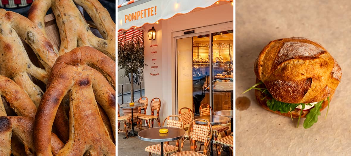 Assortiment de pains artisanaux en forme de couronne et de baguettes dor&eacute;es, avec la devanture chaleureuse de Boulangerie Pompette et une table de caf&eacute; en terrasse. 