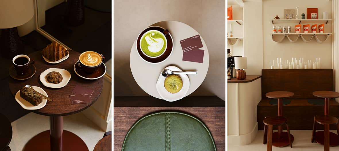 Coffee shop Dialogues &agrave; Paris avec int&eacute;rieur artistique, barista assise au comptoir et desserts raffin&eacute;s pr&eacute;sent&eacute;s sur assiettes noires