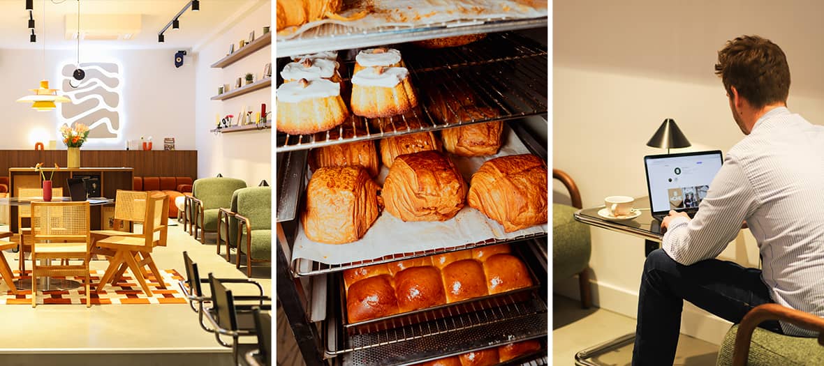 Coffee shop Home &agrave; Paris avec table de p&acirc;tisseries et caf&eacute;s, matcha latte vu du dessus et int&eacute;rieur design minimaliste avec assises en bois