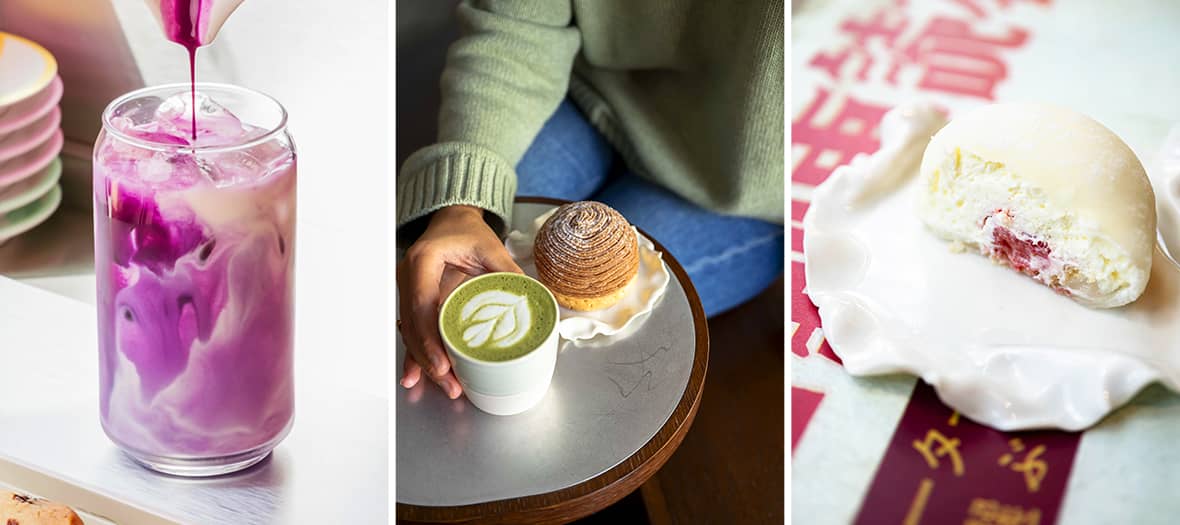 Matsu Caf&eacute; &agrave; Paris avec int&eacute;rieur chaleureux, vitrine de p&acirc;tisseries japonaises artisanales et client travaillant sur ordinateur avec caf&eacute;