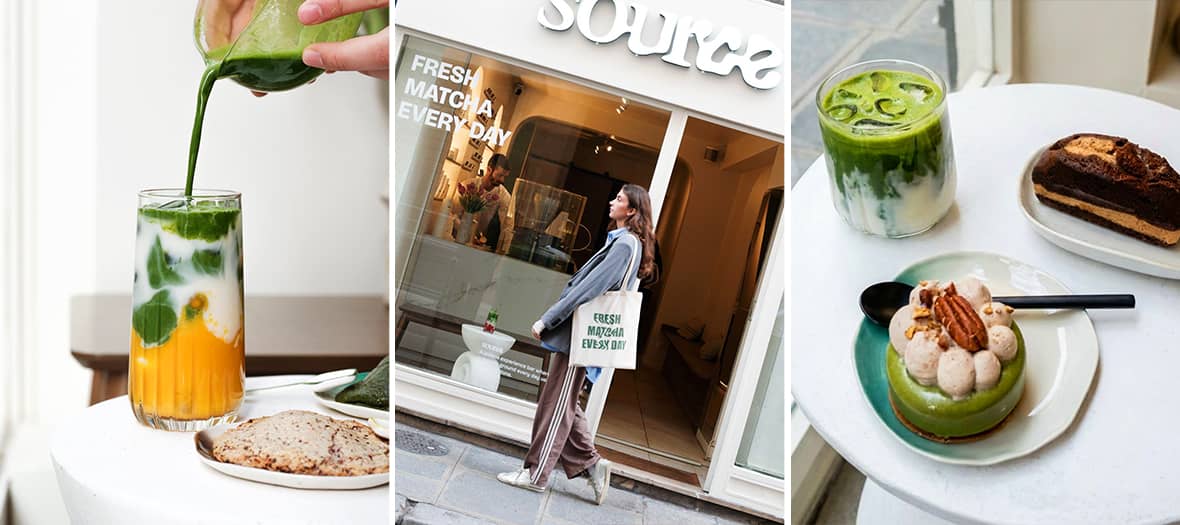 Coffee shop Source &agrave; Paris avec boisson matcha color&eacute;e, fa&ccedil;ade du caf&eacute; et dessert p&acirc;tissier accompagn&eacute; d&rsquo;un latte glac&eacute;