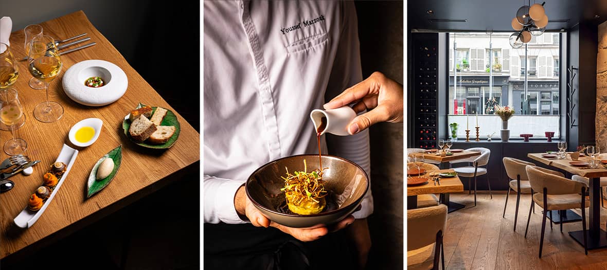 Salle lumineuse du restaurant &eacute;toil&eacute; au Michelin Ald&eacute;hyde dans le Marais &agrave; Paris avec ambiance &eacute;l&eacute;gante et cuisine ouverte