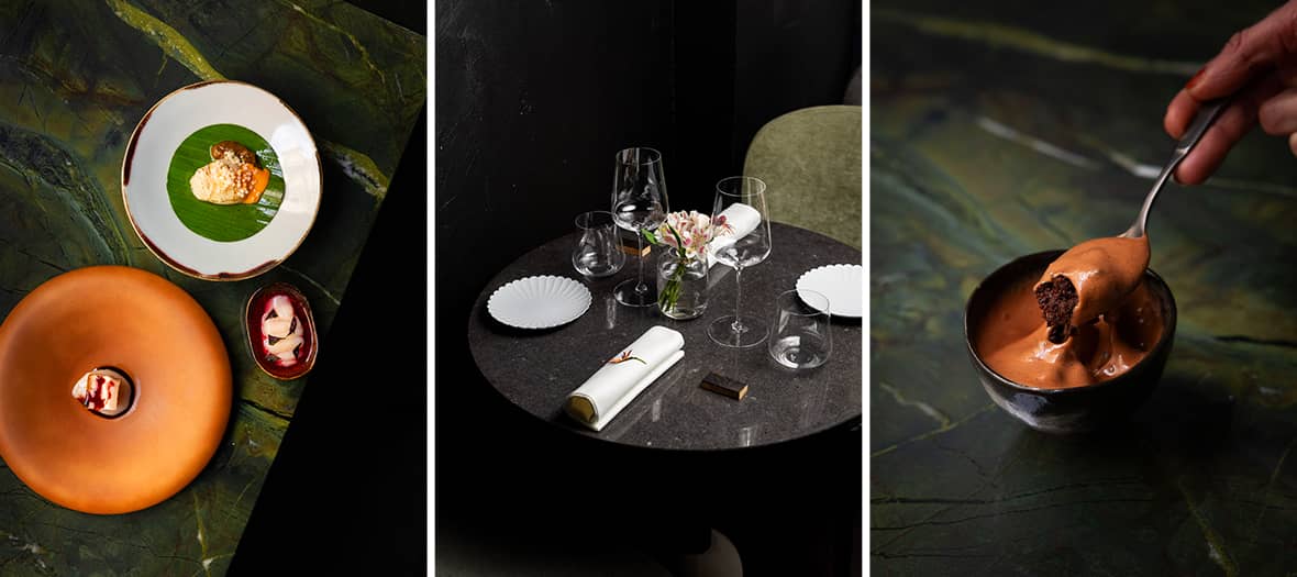 Assiettes gastronomiques, salle élégante éclairée à la bougie et dessert au chocolat du restaurant Mantra dans le 9e arrondissement de Paris