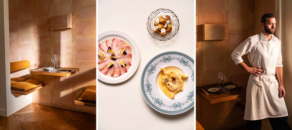 Banquettes design, assiettes de cuisine créative et portrait du chef du restaurant Test dans le 9e arrondissement de Paris
