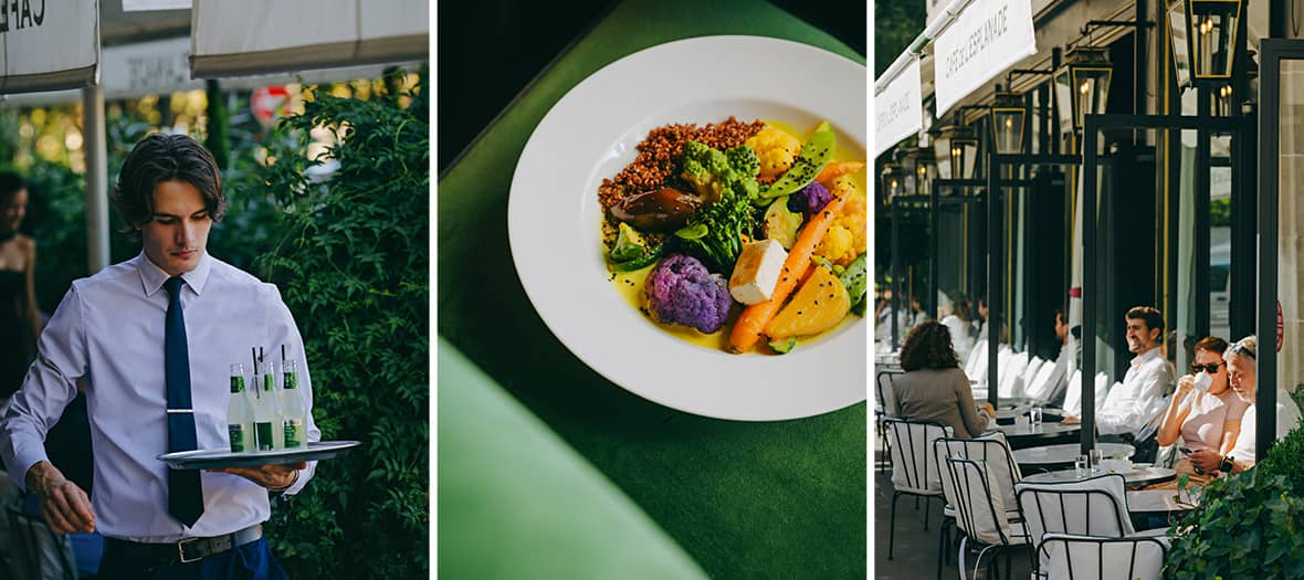 Terrasse élégante et ensoleillée, assiette végan et vue sur un monument parisien au Café de l’Esplanade