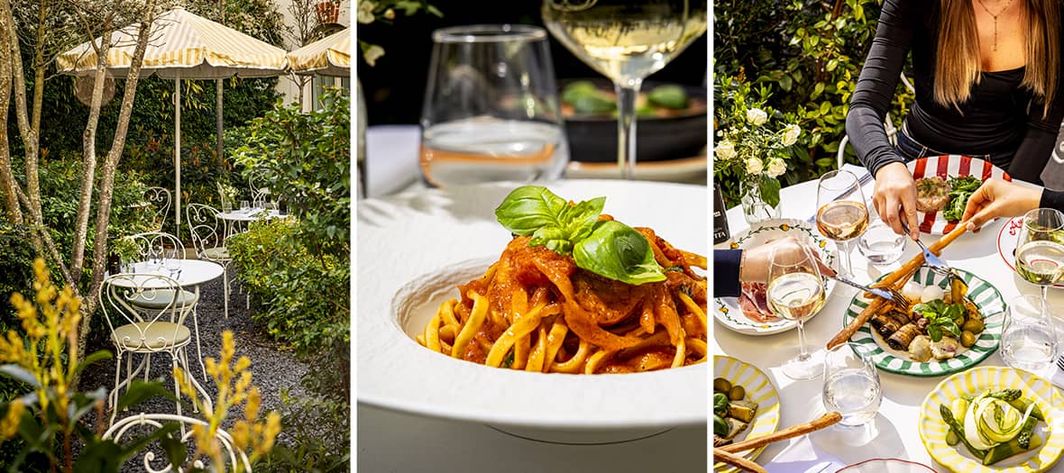 Terrasse jardin ombragée, plat de pâtes italiennes et table conviviale à partager à la Casetta des 5 Particuliers à Paris