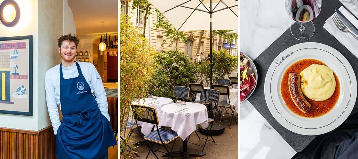Chef en salle, terrasse intimiste arborée et plat gastronomique français chez Vendémiaire à Paris