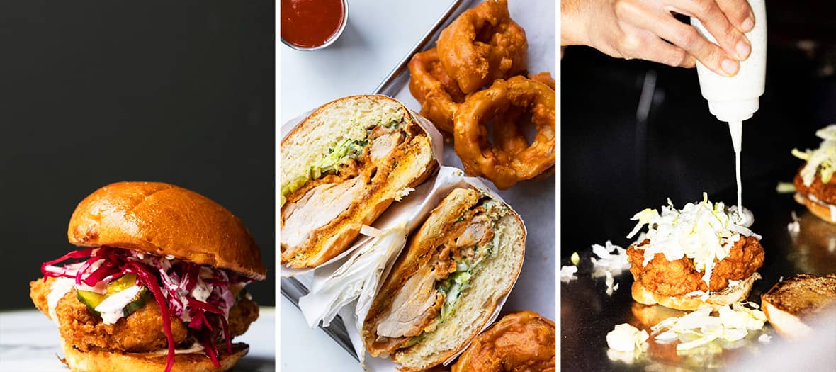 Burger au poulet frit croustillant et onion rings chez Dogma Paris