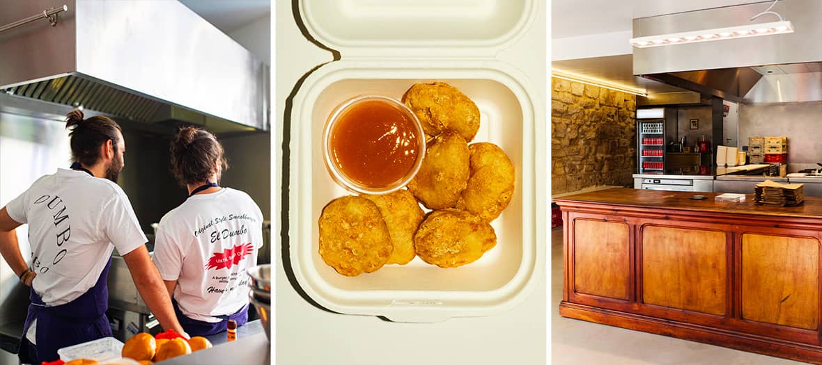 Smash burger signature et &eacute;quipe en cuisine chez Dumbo Paris