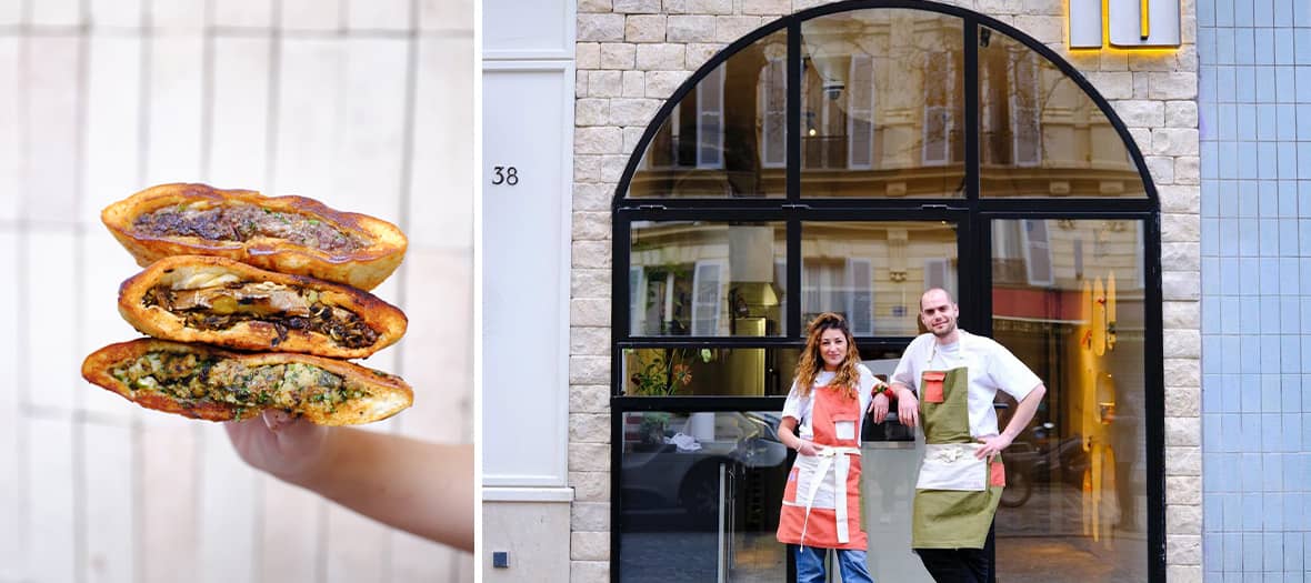 Sandwich oriental g&eacute;n&eacute;reux et &eacute;quipe devant le restaurant Nour &agrave; Paris