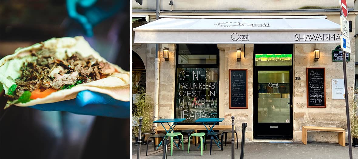 Shawarma libanais et fa&ccedil;ade du restaurant Qasti &agrave; Paris