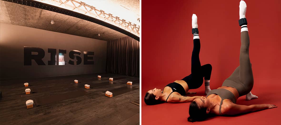 Studio RIISE Paris &ndash; salle de hot pilates avec ambiance sombre et blocs de yoga