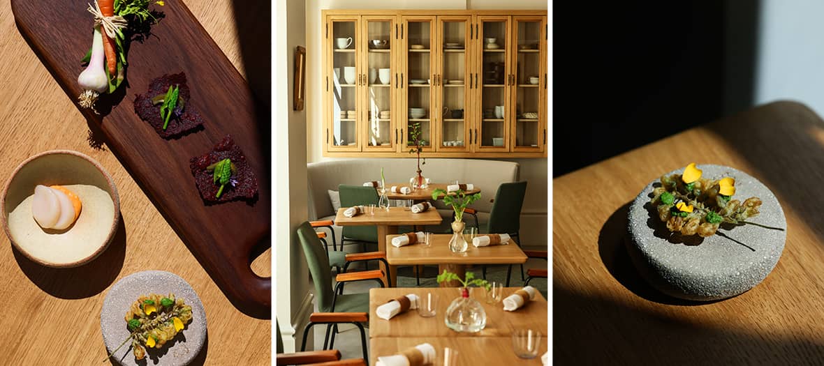 Cuisine gastronomique du restaurant &eacute;toil&eacute; Prevelle &agrave; Paris avec dressages raffin&eacute;s et salle lumineuse.