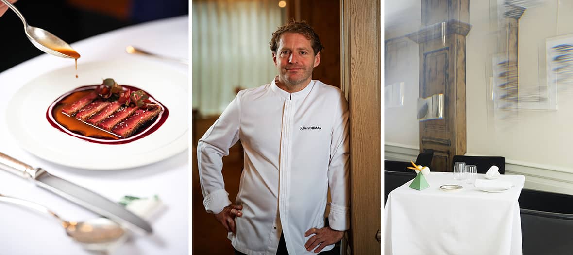 Chef du restaurant &eacute;toil&eacute; ZoeStra &agrave; Paris pr&eacute;sentant un plat gastronomique raffin&eacute; dans un cadre &eacute;l&eacute;gant.